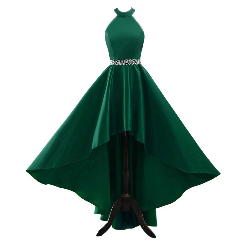 홀터넥 넥 짙은 녹색 홈 커밍 드레스 높은 낮은 졸업 가운 페르시 허리 로브 드 발
